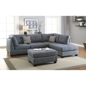 Divano Sezionale Reversibile in Polifibra Blu-Grigio a 3 Pezzi con Chaise Longue e Pouf, Cuscini Inclusi per Soggiorno - Product Image 1
