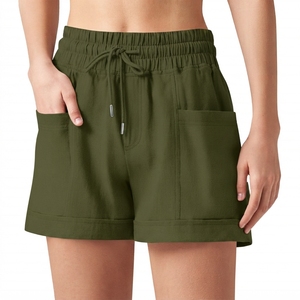 Shorts Deportivos Casuales de Cintura Alta para Mujer, con Cordón, Estampado de Leopardo, Lino/Algodón, Bolsillos, Transpirables, Tejido de Punto, Estilo Motero - Product Image 3