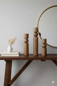 Juego de 3 Portavelas de Madera con Forma de Columna, Decoración para el Hogar, Acabado Natural, Diseño Redondo - Product Image 2