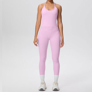 Ensemble de yoga 2 pièces sans couture en coton respirant pour femme : Legging taille haute et débardeur dos nu à col rond, couleur unie - Product Image 6