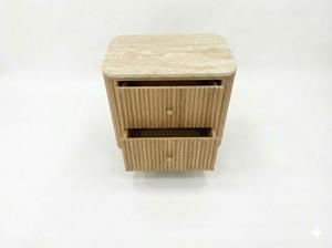 Table d'appoint moderne et écologique avec 2 tiroirs, porte à battants, en acacia, MDF, placage chêne et plateau en marbre pour salon et salle à manger - Product Image 3