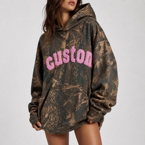 Custom Women's Plus Size Vintage Camo Print Hoodie Cotton Chenille <b>Towel</b> Embroidered Custom Logo Streetwear Pullover Sweatshirt - Product Image 4