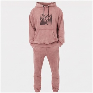 Unisex <b>Pink</b> <b>Tracksuit</b> <b>Set</b> Hooded Full Sleeve Geometric Print Front Pocket Casual Autumn Wear Regular Fit 100% Cotton - Product Image 1
