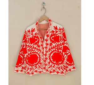 White Cotton Quilted Jacket with Orange Hand Embroidered Suzani Design Floral Folk Art <b>Boho</b> Style Handmade Ethnic Breathable - Product Image 1