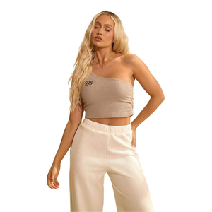 Débardeur court en maille pour femme, beige uni, col rond, froncé, minimaliste, respirant - Product Image 3