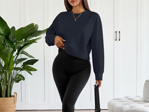 Women's Navy Blue Oversized Crewneck Eco-Friendly Fleece Sweatshirt Long Sleeve Woven Solid Color Regular Winter Casual - Product Image 4