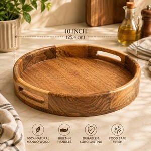 Bandeja Redonda de Madera para Servir con Asas, Diseño Minimalista, un Solo Compartimiento, Bandejas de Almacenamiento para Cocina, Acabado Natural - Product Image 3