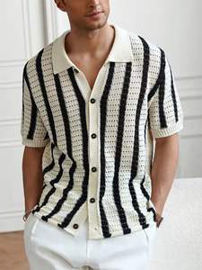 Camisa Casual de Hombre para Primavera/Verano, Manga Corta, Corte Regular, Logotipo Frontal, Rayas, Antiarrugas, Transpirable, 100% Poliéster - Product Image 4