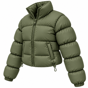 Women's Olive Green Quilted Puffer <b>Jacket</b> Stand Collar Full <b>Sleeve</b> <b>Short</b> Winter Coat Polyester Wadding Zipper Closure - Product Image 5
