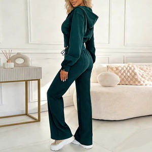 Conjunto Deportivo con Capucha para Mujer, Color Verde Oscuro, Manga Larga, Cierre Frontal con Cremallera, Corte Holgado, Color Sólido, Ropa Casual de Otoño con Bolsillos Laterales - Product Image 5