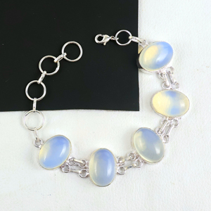 Bracelet à maillons en opalite naturelle ovale, plaqué argent sterling 925, fait main, bijoux tendance pour femme - Product Image 6
