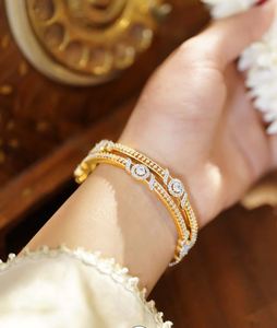 Women's 18K Gold Plated Alloy Bangle Set Round Diamond Claw Setting Classic Wedding Bridal Jewelry - Product Image 1