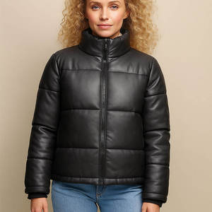 Veste matelassée en PU noir, col montant, fermeture éclair, coupe-vent, manteau d'hiver court, style décontracté, unisexe - Product Image 2