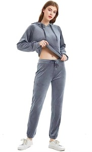 Women's Gray <b>Velour</b> <b>Tracksuit</b> Hooded Full Sleeve Casual Pants Set Autumn Breathable Solid Color Loose Fit Drawstring Closure - Product Image 4