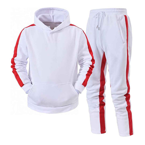 Conjunto Deportivo de Invierno Transpirable Personalizado para Hombre, Sudadera con Capucha Blanca y Pantalones Deportivos con Franjas Laterales Rojas - Product Image 4