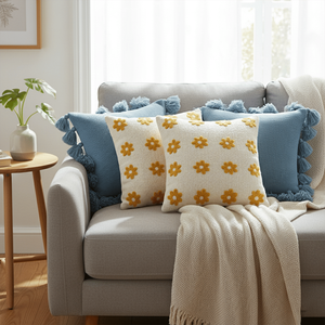 Juego de 5 Fundas de Almohada SOGA con Diseño Retro de Margaritas Azul Cielo y Amarillo, con Borde Texturizado de Pompones, Decoración para el Hogar, Almohadas Decorativas - Product Image 3