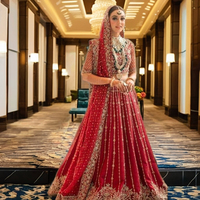 Gaun pengantin maxi lehenga choli beludru merah sulam tangan berat, bebas kusut, untuk pernikahan & pesta India/Pakistan