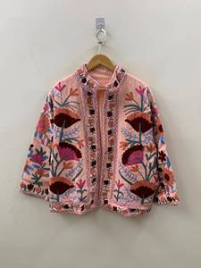 Pink Suzani TNT Fabric <b>Short</b> Boho <b>Jacket</b> Handmade Embroidered Long Sleeve Button Winter Coat Bohemian <b>Jacket</b> - Product Image 2