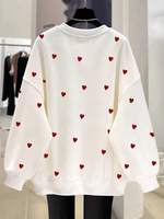 Sweater Rajut Lengan Panjang Putih dengan Cetakan Hati Merah, Kerah O-Neck Oversize, Atasan Kasual Pria