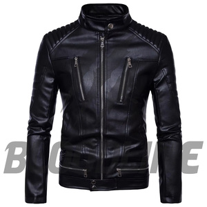 Men's Black PU Leather Moto <b>Biker</b> <b>Jacket</b> Slim Fit Stand Collar Zipper Closure Autumn Wear - Product Image 1