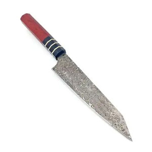 Damascus Steel Chef Knife With Red Wood Handle And <b>Black</b> Accents - Product Image 1
