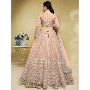 Dusty Pink Foil Work <b>Net</b> Bridesmaid Lehenga Choli-Plus Size Satin & Organza Party Wear - Product Image 4