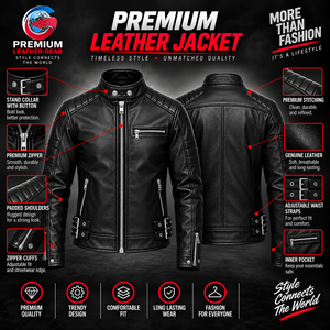 Chaqueta de Motociclista para Hombre, de Cuero Genuino Negro, de Alta Calidad, Transpirable, con Cuello Alto, Cierre de Cremallera, Corte Ajustado, Estilo Biker, para Invierno - Product Image 6