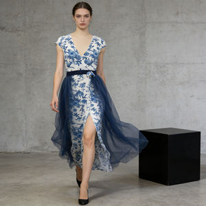 Hot sale on Temu Fashion Blue Floral Print Sheer Overlay <b>Skirt</b> <b>Ladies</b> High Waist Floor-Length <b>Skirt</b> for Wedding for Women - Product Image 3