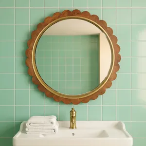 <b>Round</b> Scalloped Wooden Framed <b>Mirror</b> Mid Century Modern Wall Decor Home Use - Product Image 6