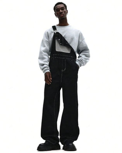 Nouvelles salopettes en jean noir pour homme 2026, avec surpiqûres contrastées, coupe ample, style streetwear, combinaison de travail - Product Image 3