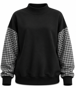 Sudadera Oversize de Cuello Alto para Mujer, Personalizada por el Fabricante, con Bordado de Letras en Gingham y Mangas con Patchwork, Estilo Casual - Product Image 5
