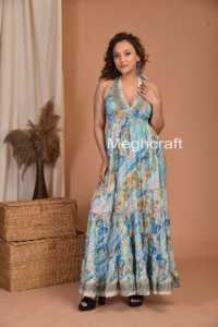 Boho Silk Maxi <b>Dress</b> Halter Neck Floral Printed Multicolor Maxi <b>Dress</b> for Women Comfortable <b>Dress</b> at Wholesale Price Bulk Export - Product Image 3