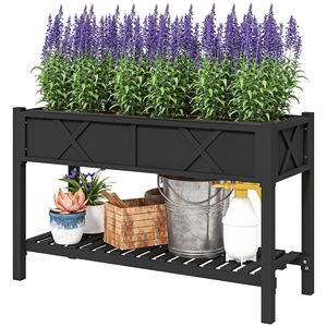 Fioriera Rialzata da Giardino per Donne, 47 x 22 x 31,5 Pollici, in Legno, con Ripiano Portaoggetti, Fori di Drenaggio e Rivestimento, Nera - Product Image 1