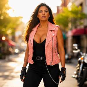 Gilet sexy pour femme en cuir style moto, respirant, crocheté, col en V, coupe ajustée, fermeture éclair, ceinture, collection été 2026 - Product Image 1