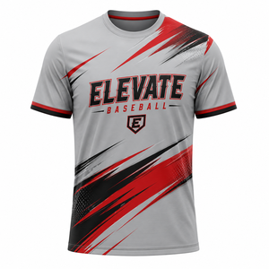 T-shirt de sport unisexe à sublimation imprimée pour le baseball, gris, rouge, noir, séchage rapide, col rond, manches courtes, coupe ajustée - Product Image 1