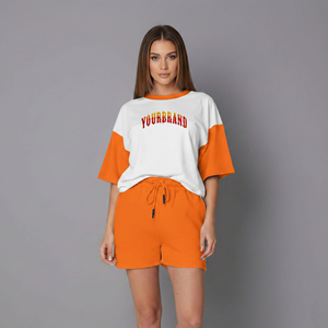 Women's Orange <b>White</b> Color Block Short Sleeve T-Shirt With Letter Print Loose Fit Casual Two <b>Piece</b> <b>Set</b> Spring Summer Wear - Product Image 1