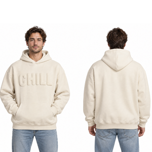 Sudadera con capucha para hombre de alta demanda, color crema, con estampado de letras en relieve, corte oversize, estilo casual. - Product Image 3