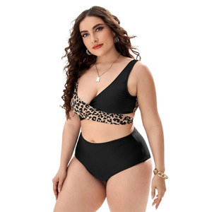 Women's Plus Size Bikini Set <b>Crossed</b> Halter <b>Top</b> Leopard Print High Waist Bottom Contrast Binding Spandex Polyester Stretch - Product Image 1