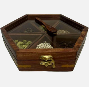 Handcrafted Traditional Indian Masala Dabba Mango Wood Spice Box 5 Compartments Oven Safe Hand Wash Only Glass Lid for <b>Kitchen</b> - Product Image 3