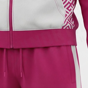 Unisex Hooded <b>Tracksuit</b> Full Zip Geometric Print Sporty Design <b>Pink</b> White Polyester Autumn Wear Adults Regular Fit Side Pockets - Product Image 5