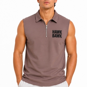 Camiseta sin mangas para hombre con cuello de camisa, top informal, cremallera frontal, color liso, estilo vintage, personalizable, transpirable, de poliéster tejido. - Product Image 1