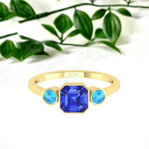 Anillo de Tres Piedras con Tanzanita y Topacio Azul Suizo de 2 CTW en Oro Sólido de 14k, Joyería para Aniversario de Bodas, Gran Venta - Product Image 4