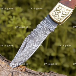 Hand Engraved Brass Accents Handle Damascus Steel Back <b>Lock</b> Folding Knife with Leather Sheath Wholesale Factory Direct OEM ODM - Product Image 3