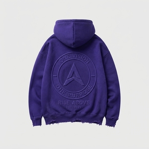 Sweat à capuche personnalisé pour homme, violet, en molleton épais délavé, coupe oversize, effet vieilli, avec logo en relief, style streetwear, OEM ODM - Product Image 2