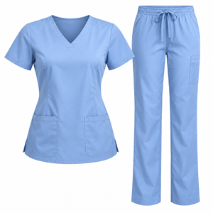 Conjunto de Uniforme Médico Azul Cobalto para Mujer, Blusa con Cuello en V y Manga Corta con Bolsillos, Pantalones Rectos con Cordón, Uniforme de Enfermería para Uso Diario - Product Image 4