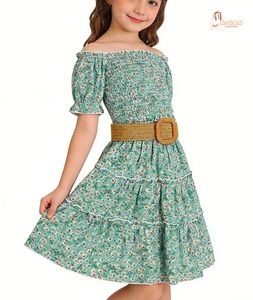 Girls Vintage Skirt Set Kids Solid Ruffle Shoulder Crop Tops Bowknot Autumn ODM <b>Clothes</b> Outfits Daily Wear - Product Image 1