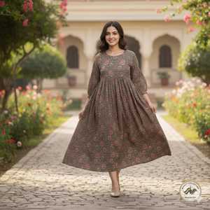 Floral A LINE Cotton Floor Length Dress O Neck <b>Three</b> Quarter Puff Sleeves Women's Daily Wear Embroidery Summer Outfit - Product Image 5