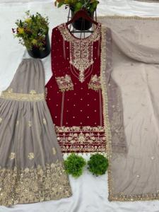 Conjunto de diseñador con bordado, trabajo de secuencia Dori y remaches, top con pedrería, pantalón palazzo y dupatta, completamente cosido y listo para usar. - Product Image 3