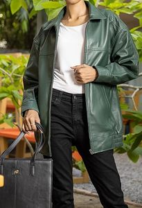 Veste de moto en cuir véritable pour femme, coupe classique, manches longues, col rabattable, fermeture éclair, longueur longue, style automne - Product Image 3