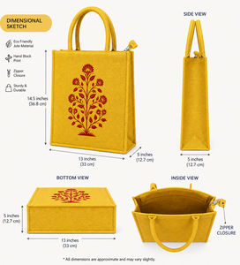 กระเป๋าโท้ทผ้ากระสอบสีเหลืองพรีเมียม พร้อมซิปพิมพ์ลายบล็อกสีแดง  รักษ์โลก ใช้ซ้ำได้ เหมาะสำหรับใส่ของช้อปปิ้ง - Product Image 2